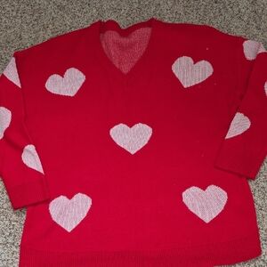 Old Navy Red V-Neck Sweater with Pink Hearts